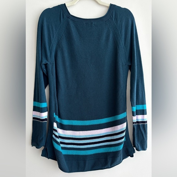 T By Talbots Teal Knit Striped Sweater, Turquoise/Purple/Navy Blue, Size Medium - Picture 12 of 15